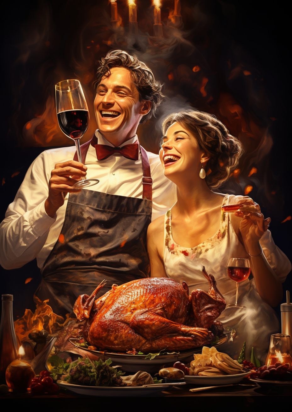 couple cooking thanksgiving dinner with wine