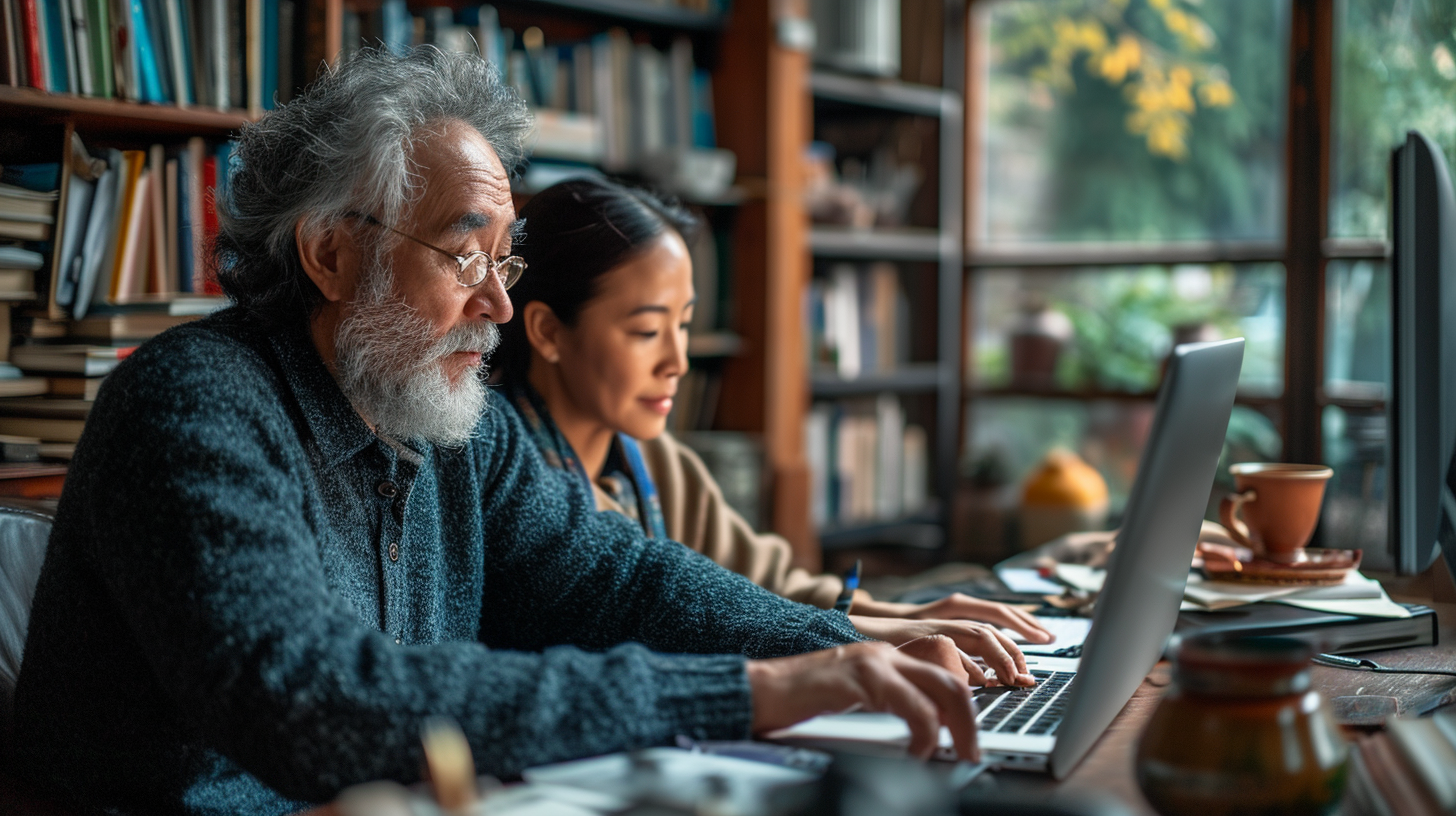 Man Assisting Wife at Home Office