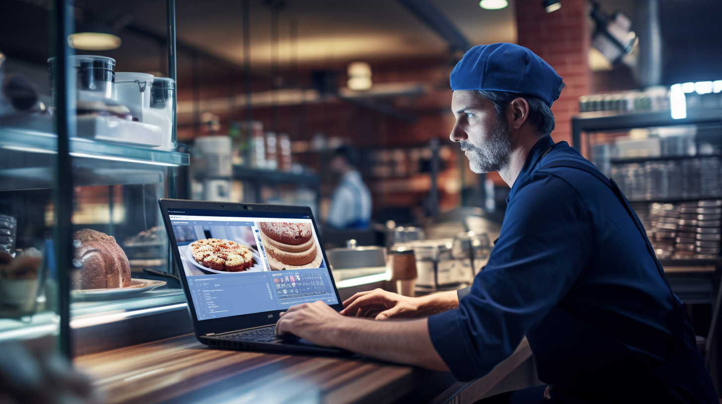 Man sitting by laptop in bakery