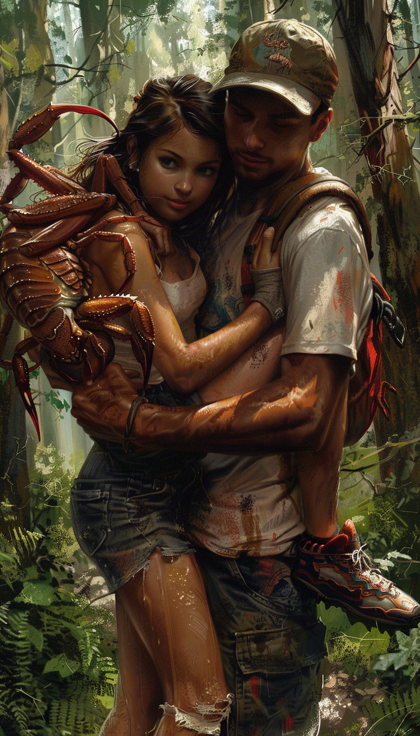 Man holding scorpion girl in forest