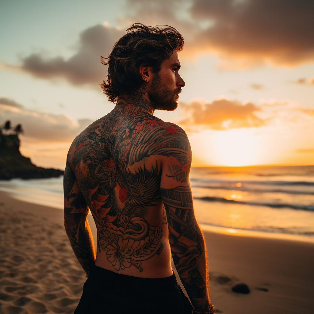 Man on Beach with Shirt and Tattoos at Sunset