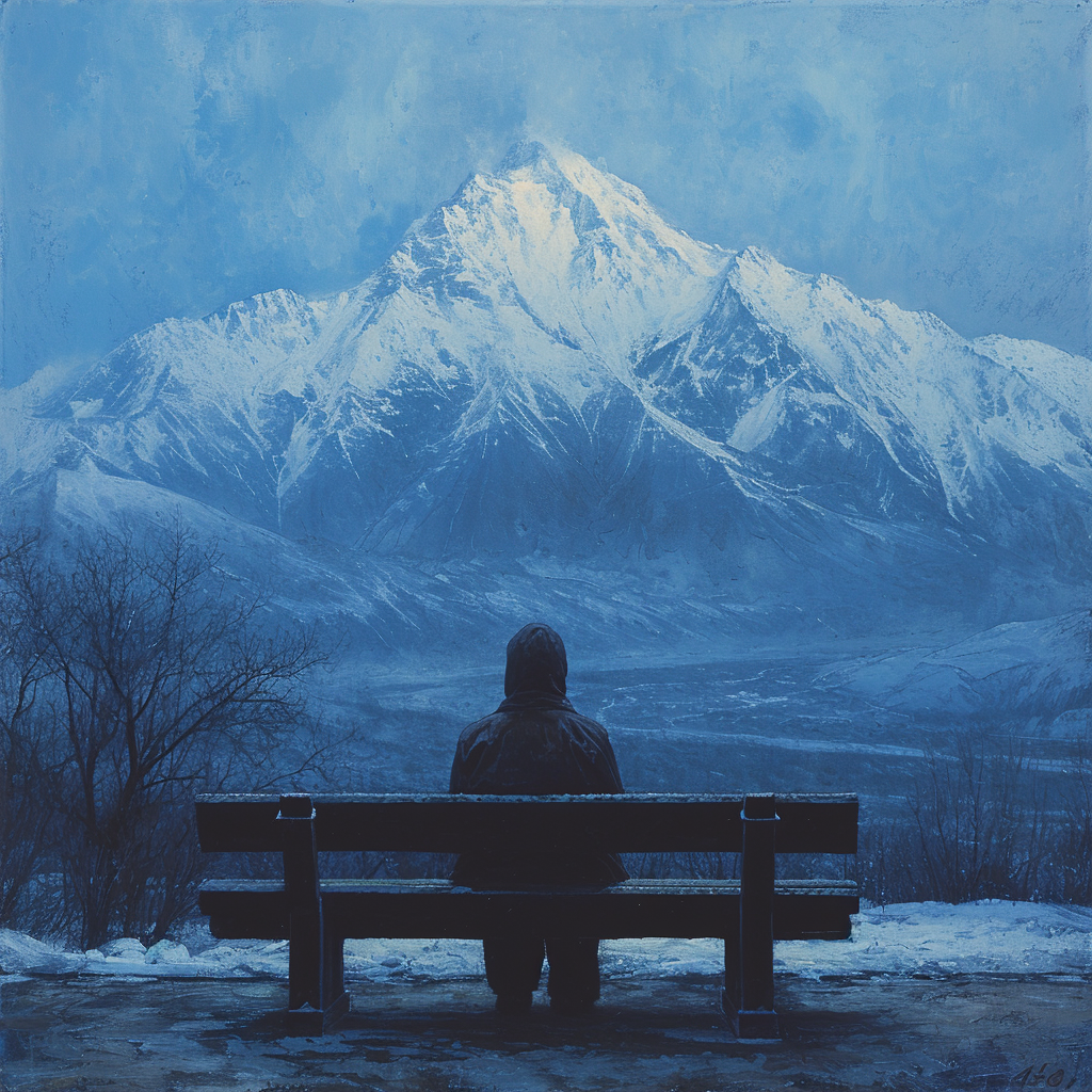 Man on Bench with Snow Mountain Background