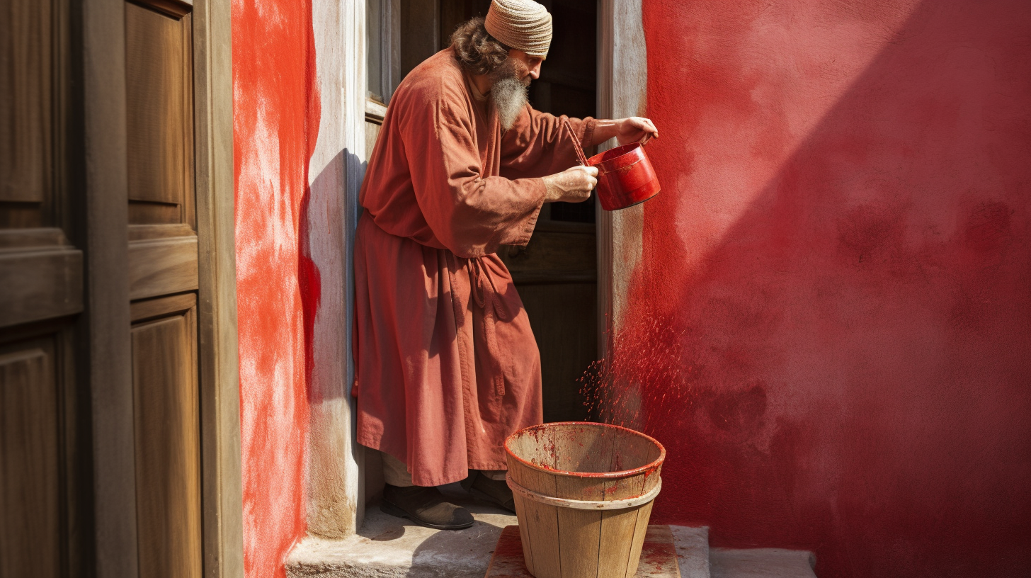 man in biblical clothing applying red paint