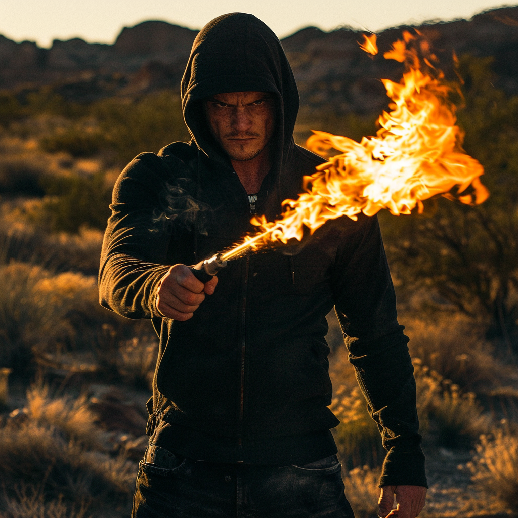 Man with Flame Thrower in Desert