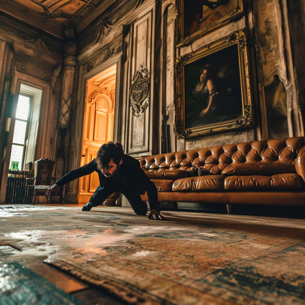 Man in Black Leather Crawling on Persian Rug