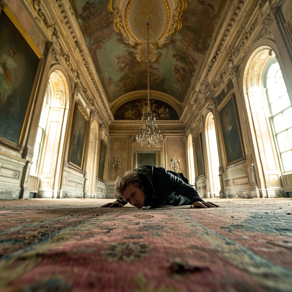 Man crawling on Persian rug