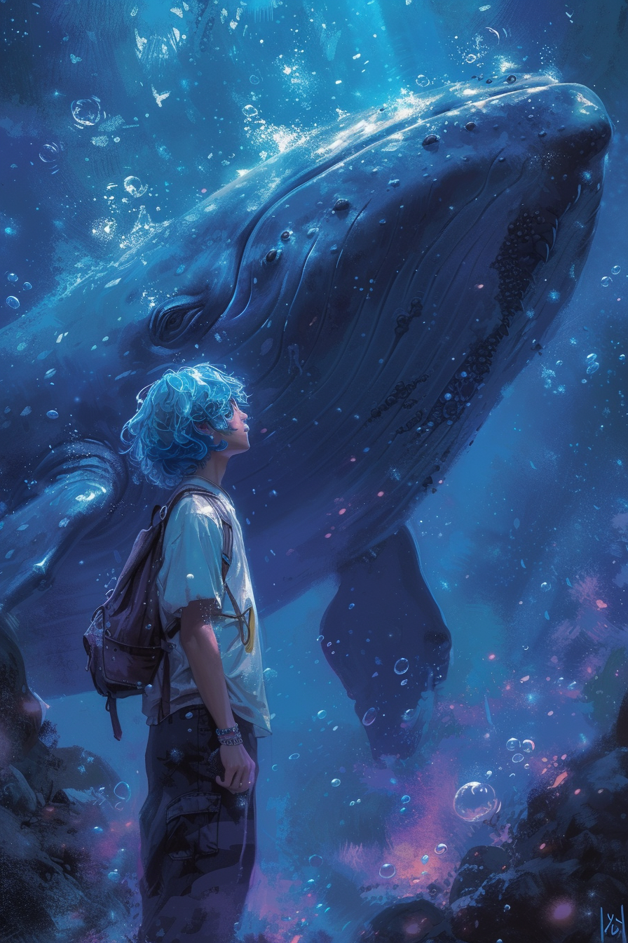 Man with blue hair looking at whale