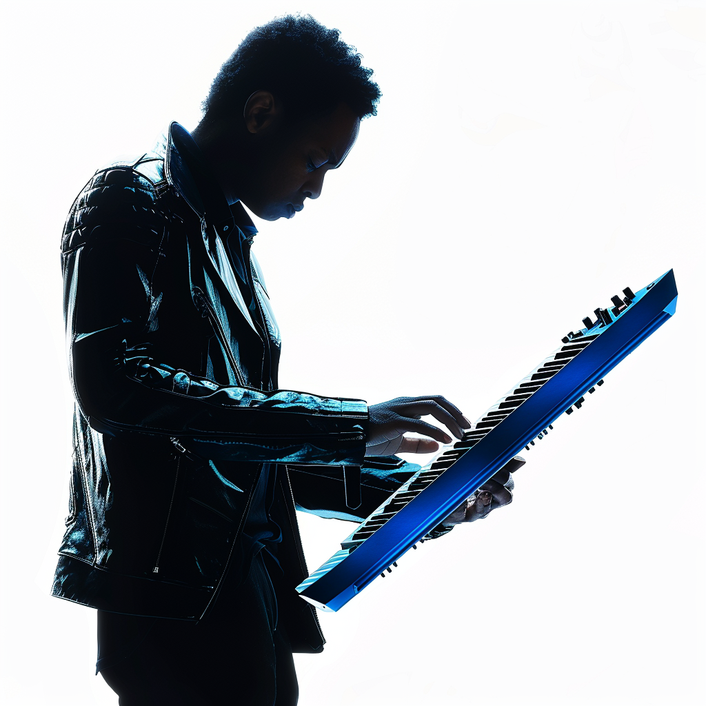 man playing blue keytar