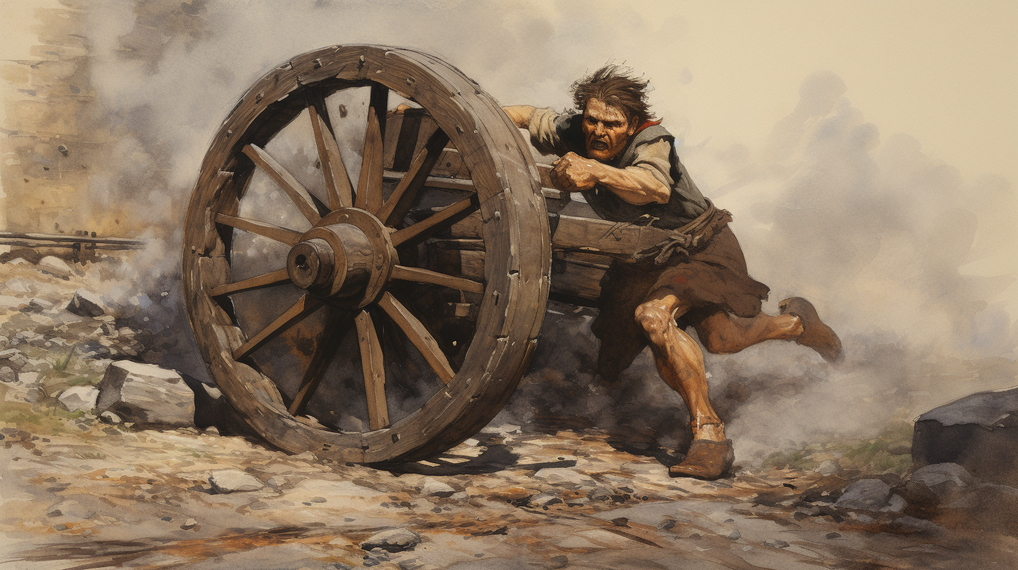 Man breaking wheel on medieval wagon