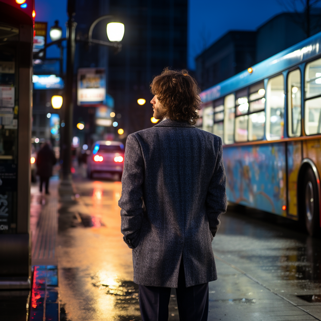 Stylish man in blue suit at bus stop