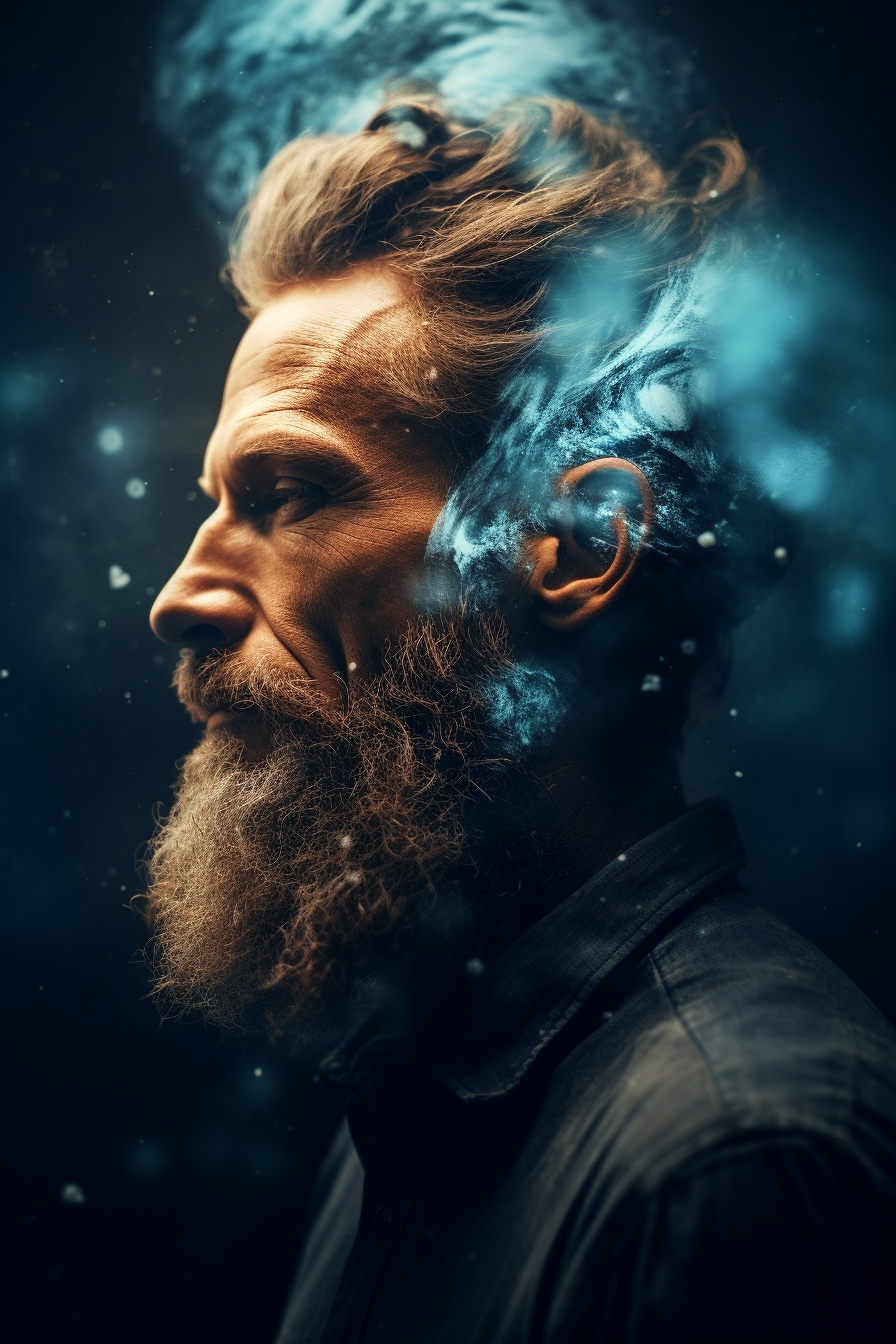 Double Exposure: Man with Man-Bun and Beard against Earth