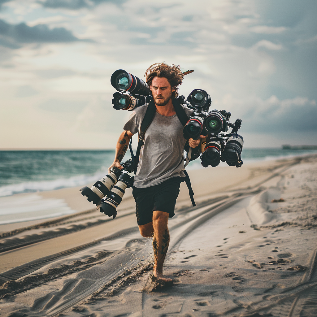 Man with Camera Lenses on Beach