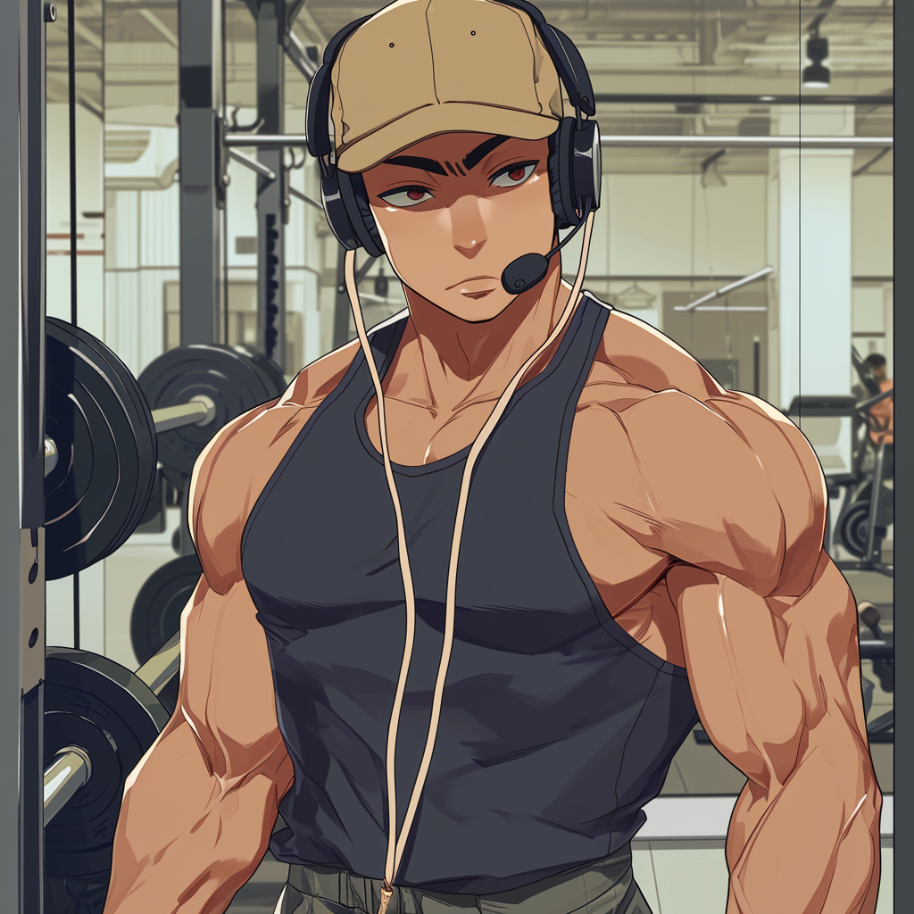 Muscular man wearing cap and headphones