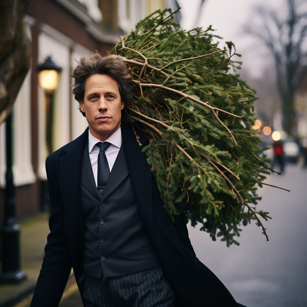 Man carrying Christmas tree in Chelsea London