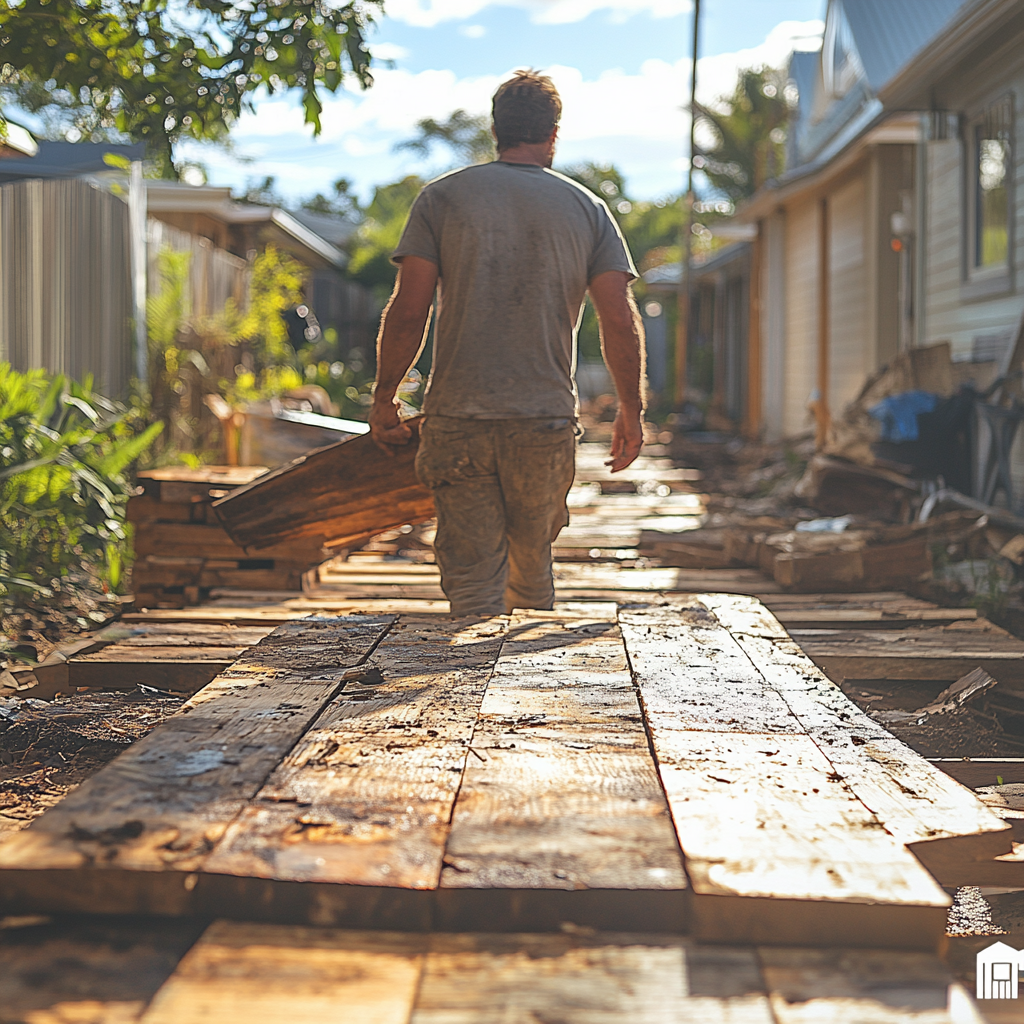 Man carrying old wood decking