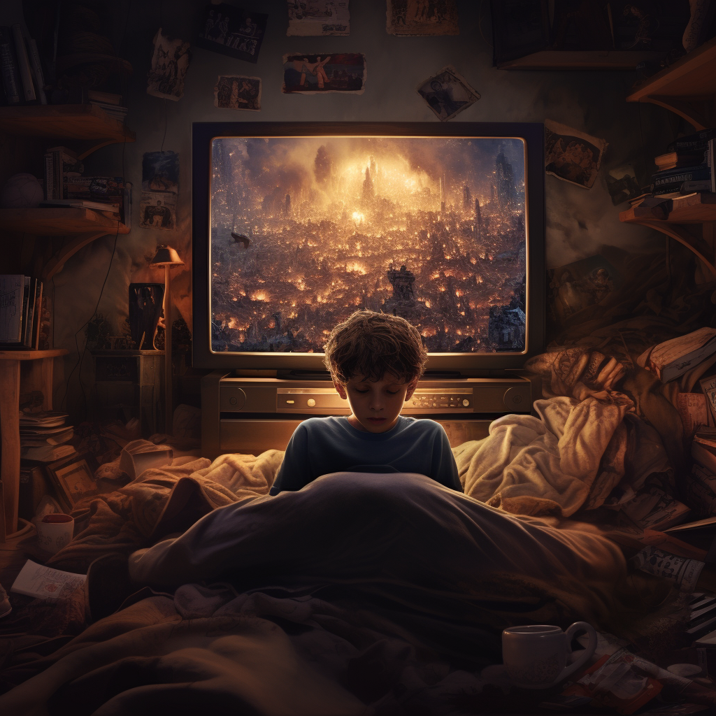 Man in childhood room watching TV on laptop