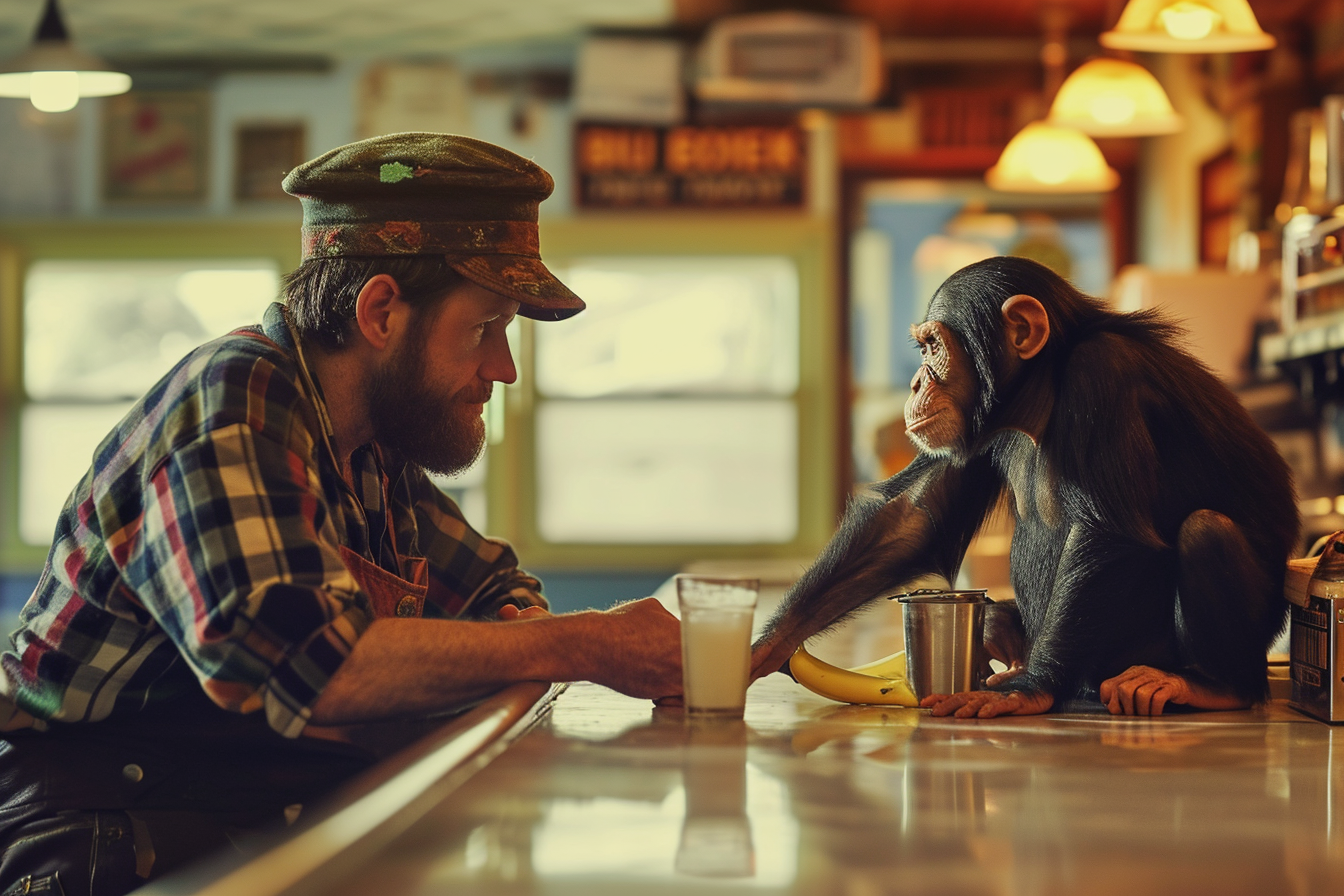 Man and chimpanzee face off at diner counter