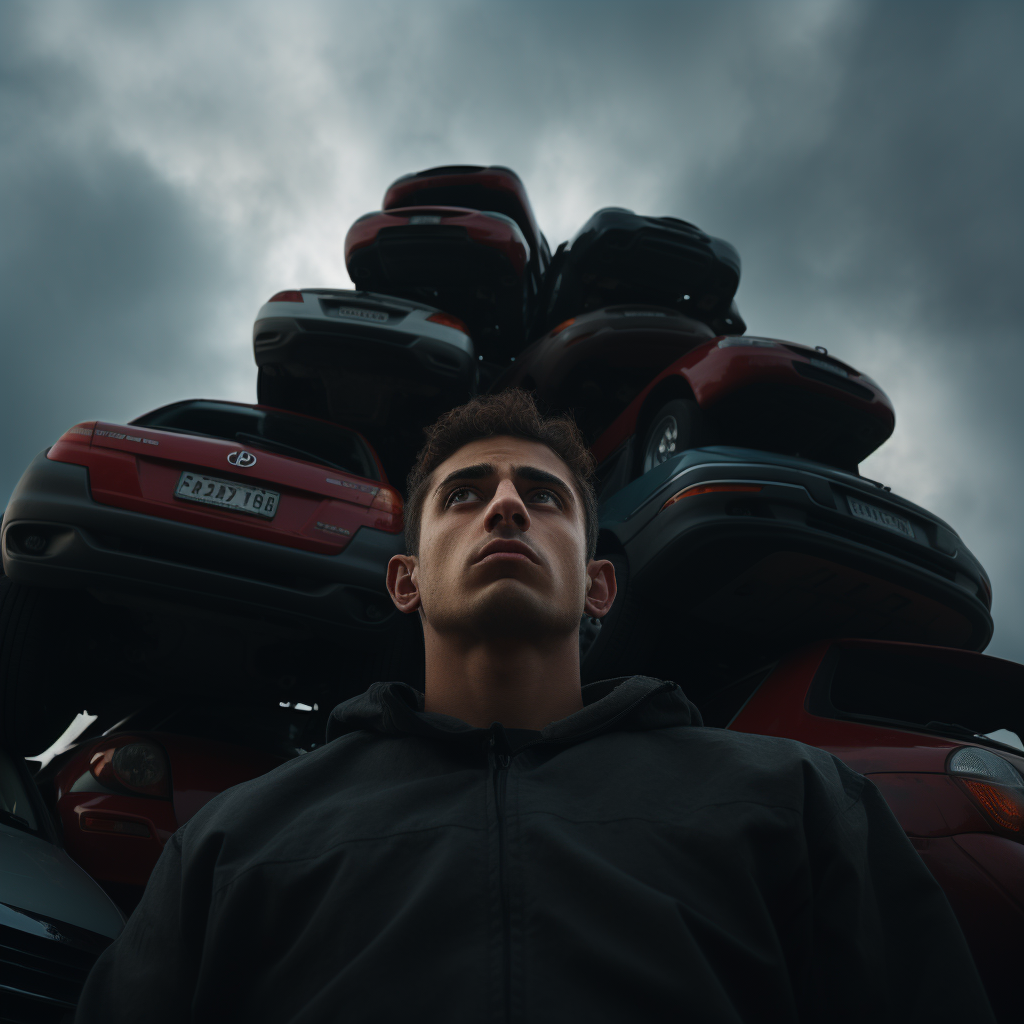 Closeup of Man Climbing Stack of Cars