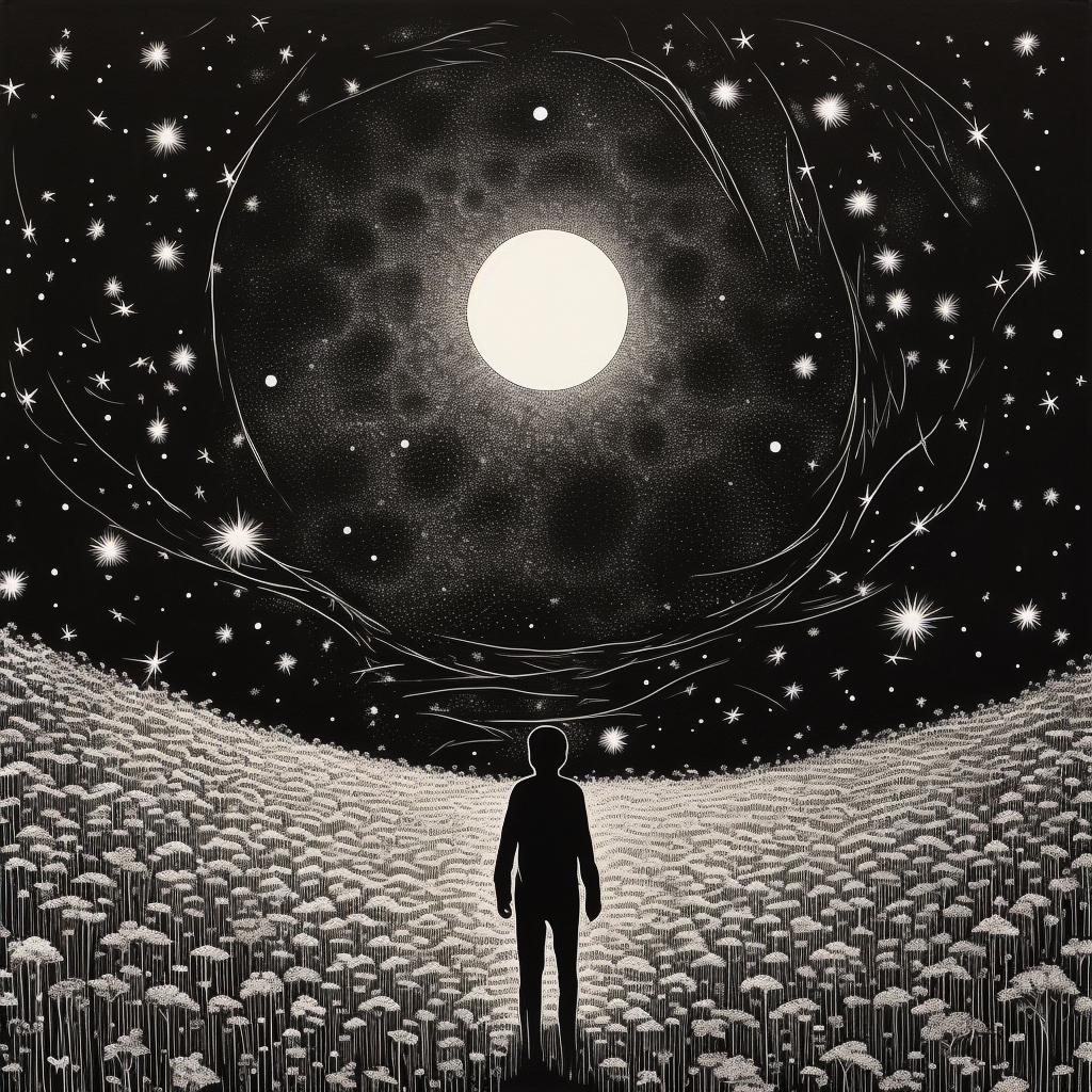 Illustration of a man and cosmos in black and white