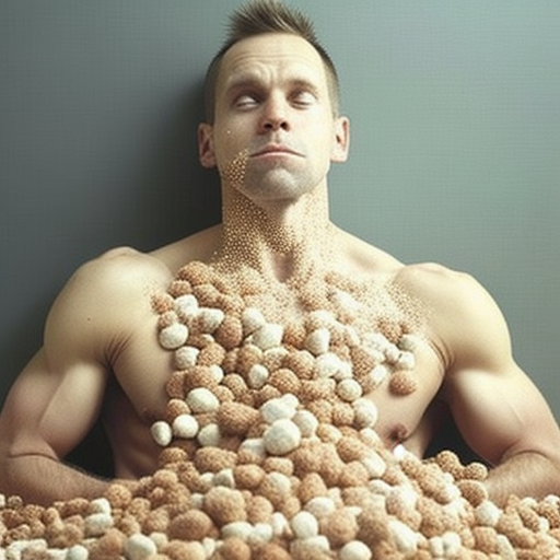 Man covered in raw hazelnuts