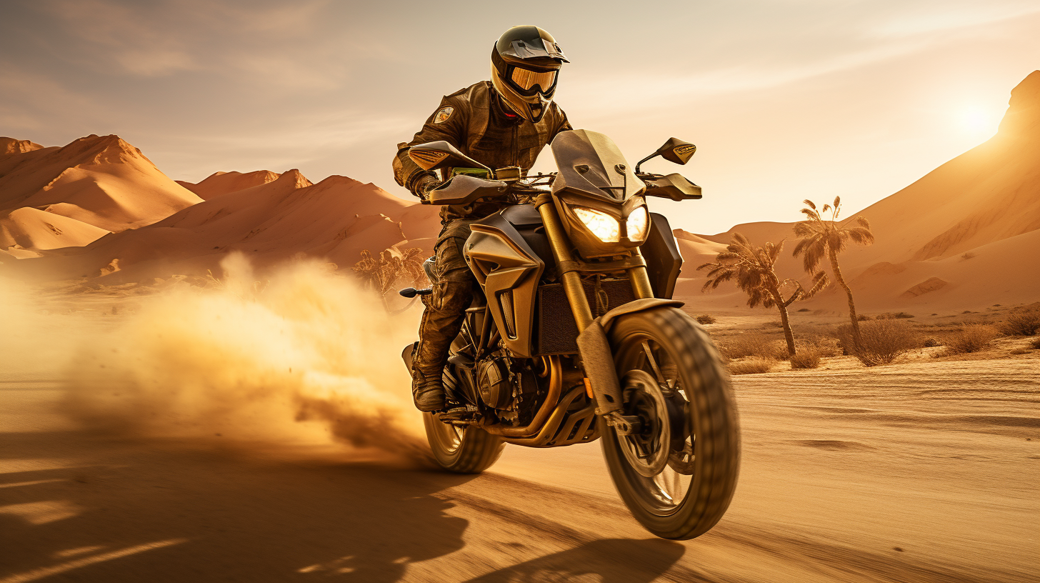 Man crossing desert on Harley-Davidson motorcycle