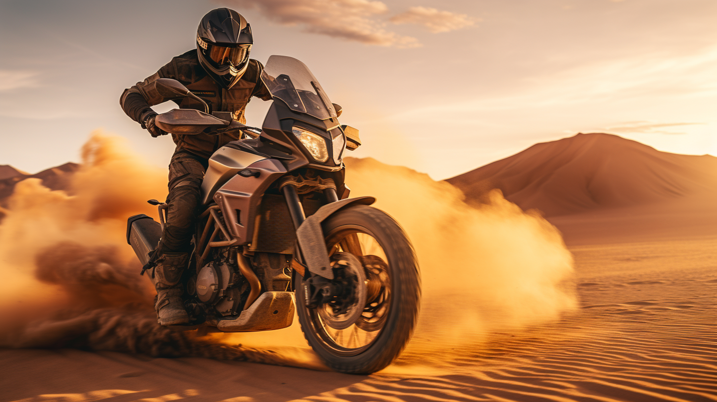 Man riding Harley-Davidson Pan America through desert