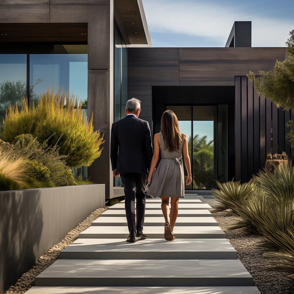 A happy father and daughter walking into their dream home