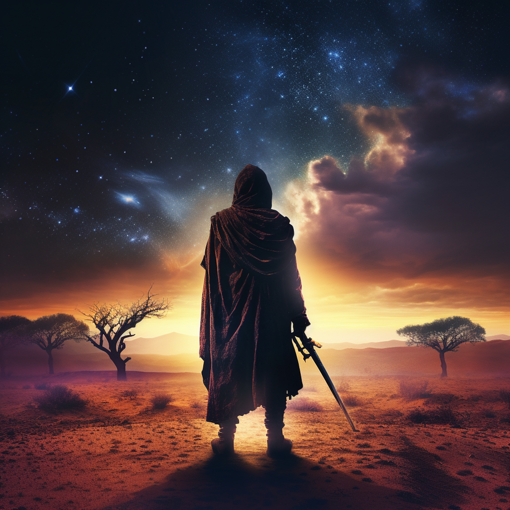 Man in Australian desert with sword and galaxy cloak