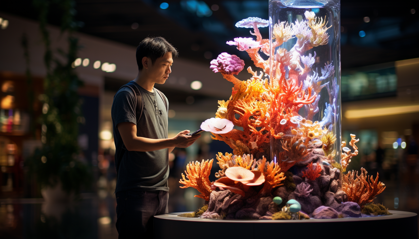 Man touching digital totem with shells