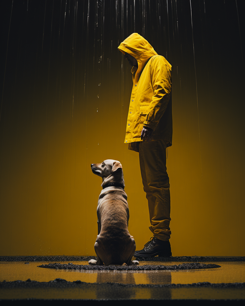 Man in Yellow Jacket Watching Dog