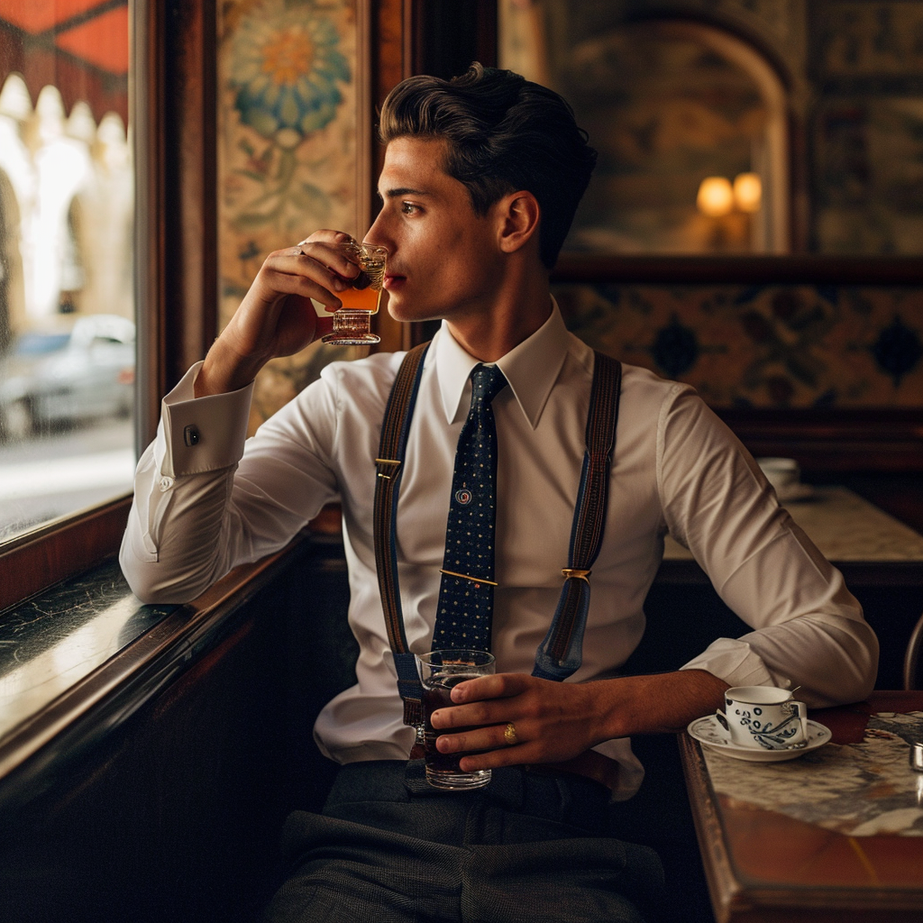 Stylish man sipping Negroni tea in Italian café