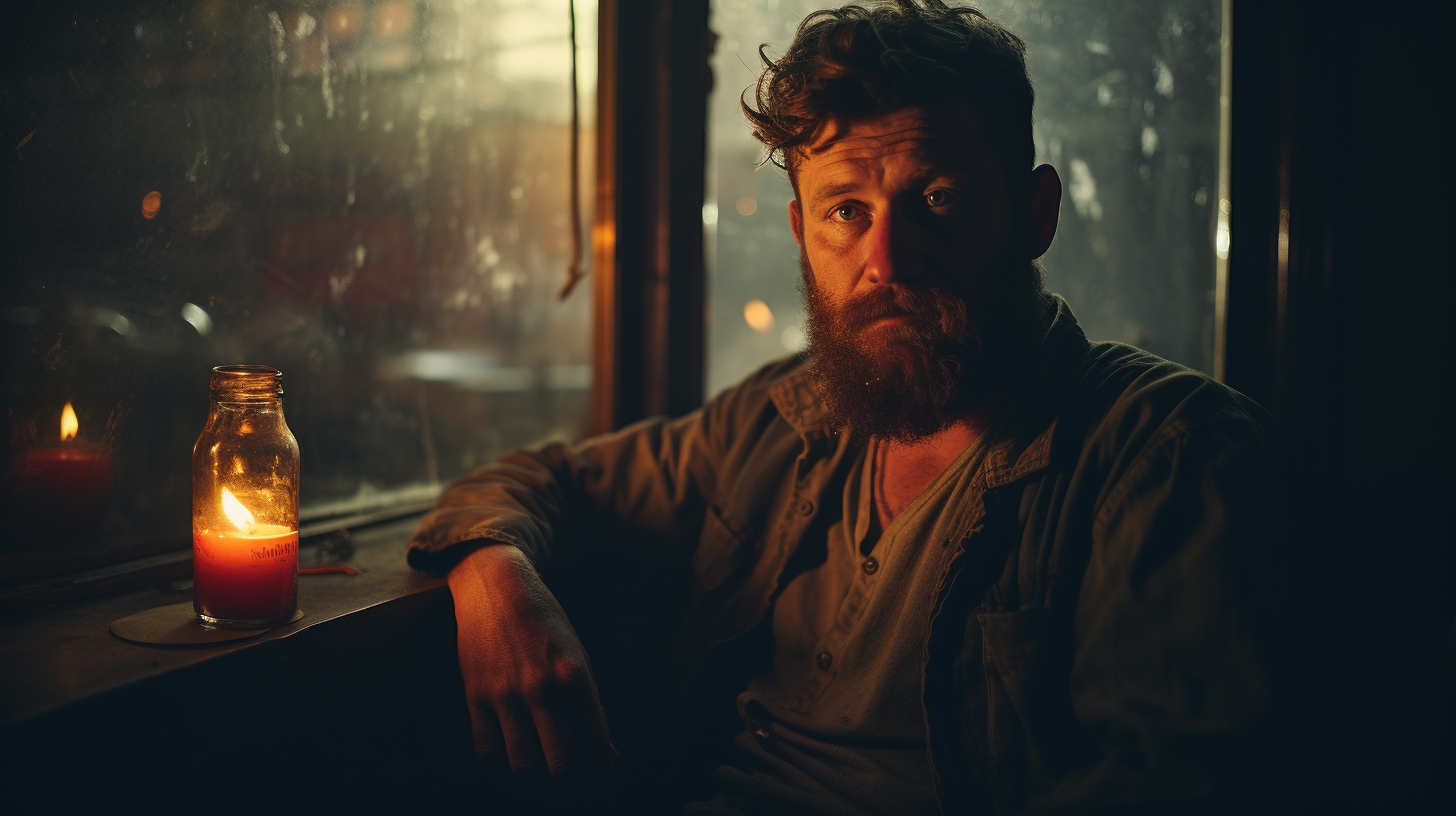 Man enjoying beer by cozy fireplace