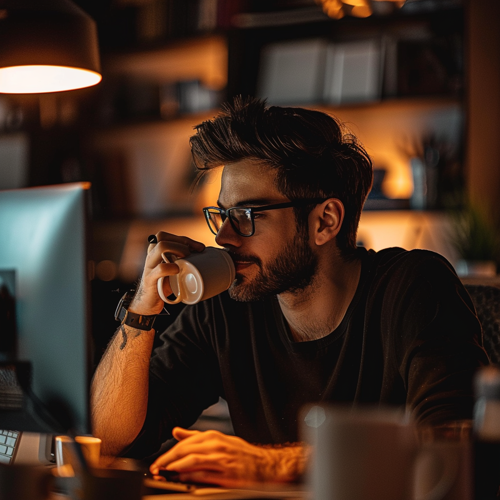 man enjoying coffee at computer