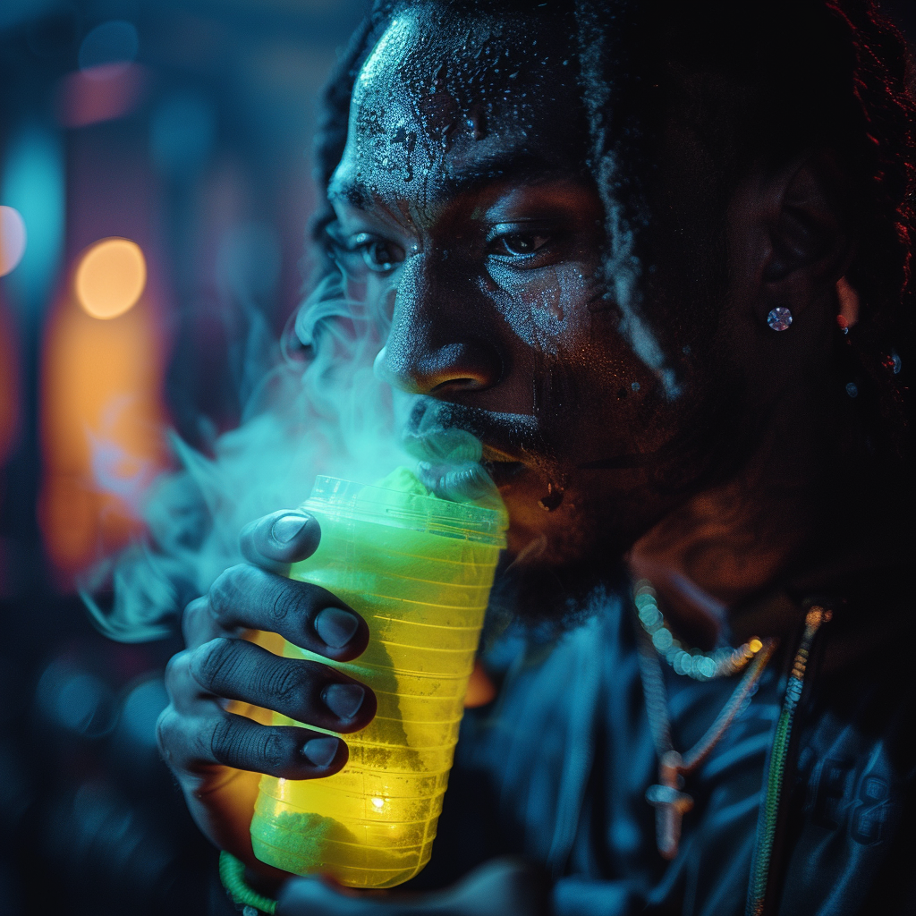 Man drinking green glowing powder from protein shaker