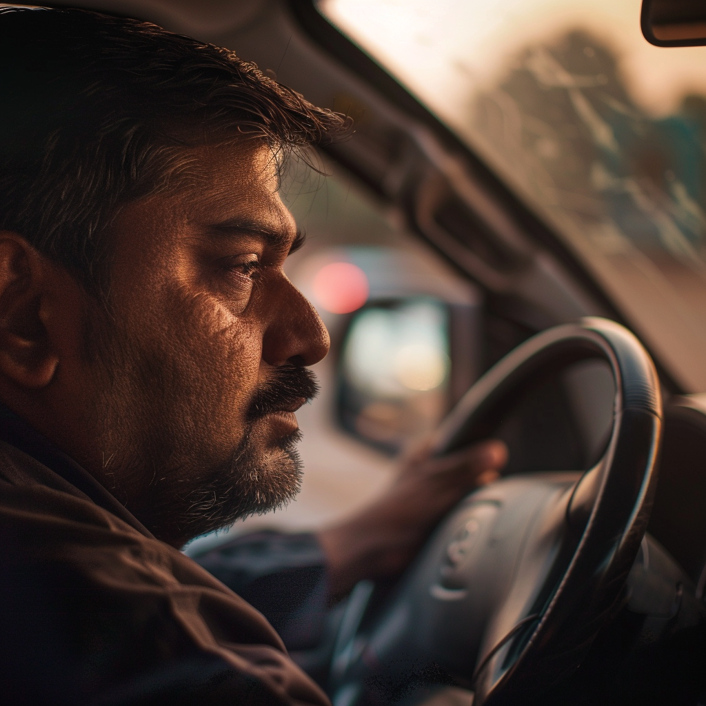 Man driving car skeptical background