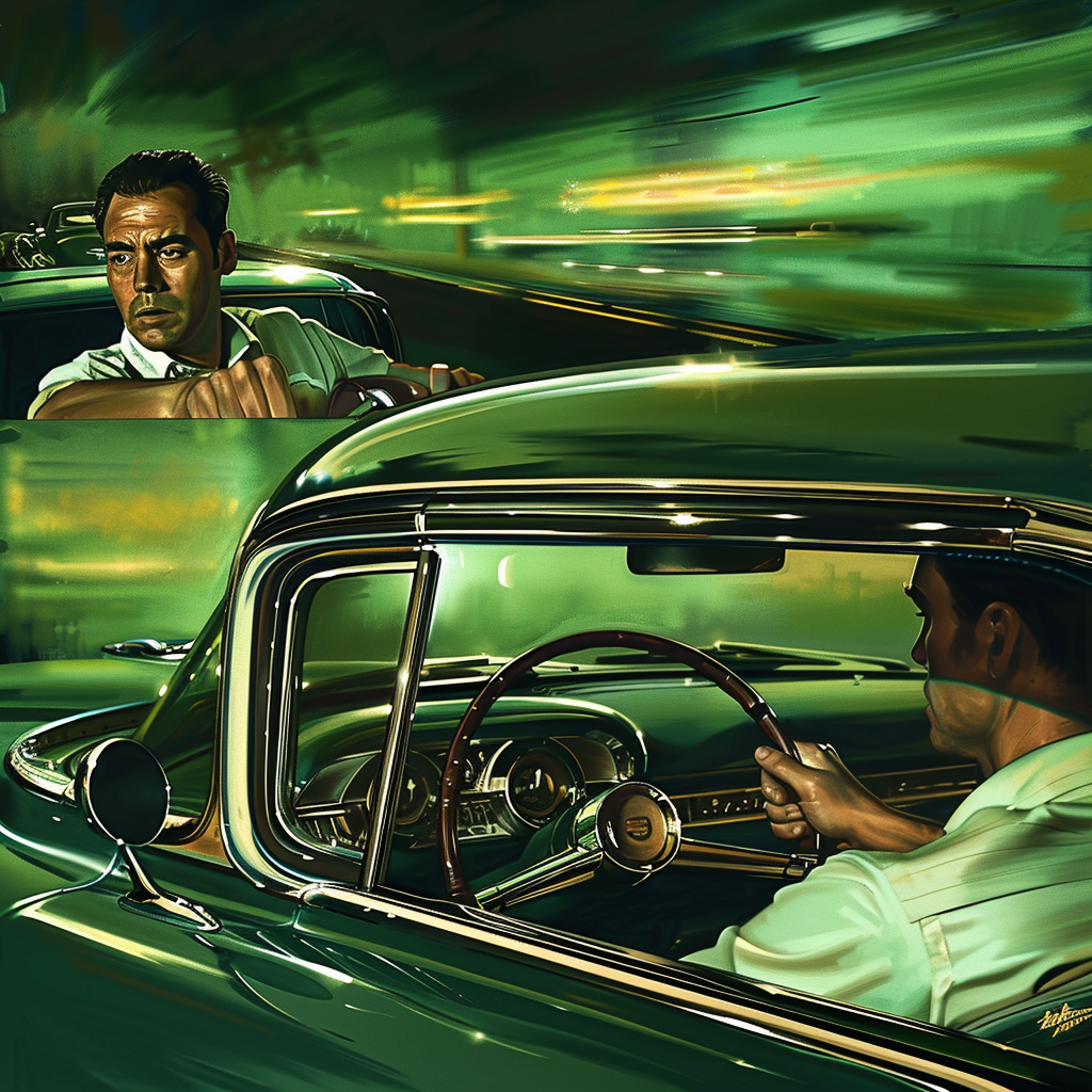 Man driving vintage green Cadillac