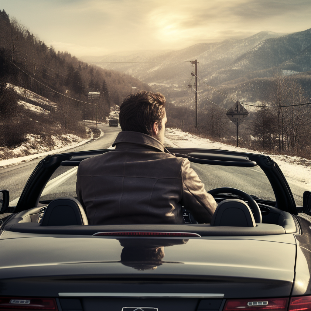 Man driving convertible car in winter