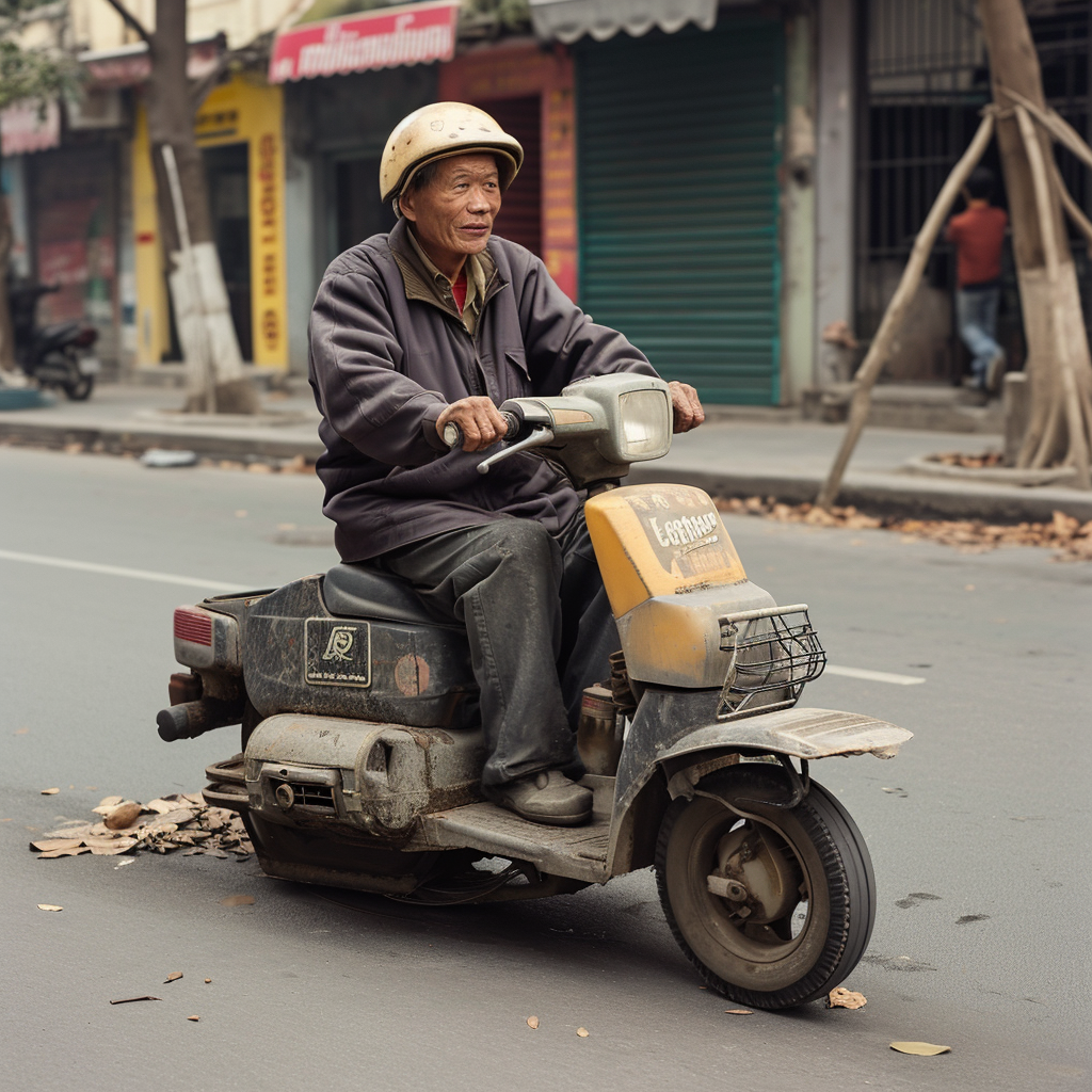 Man driving motorized vacuum cleaner on street