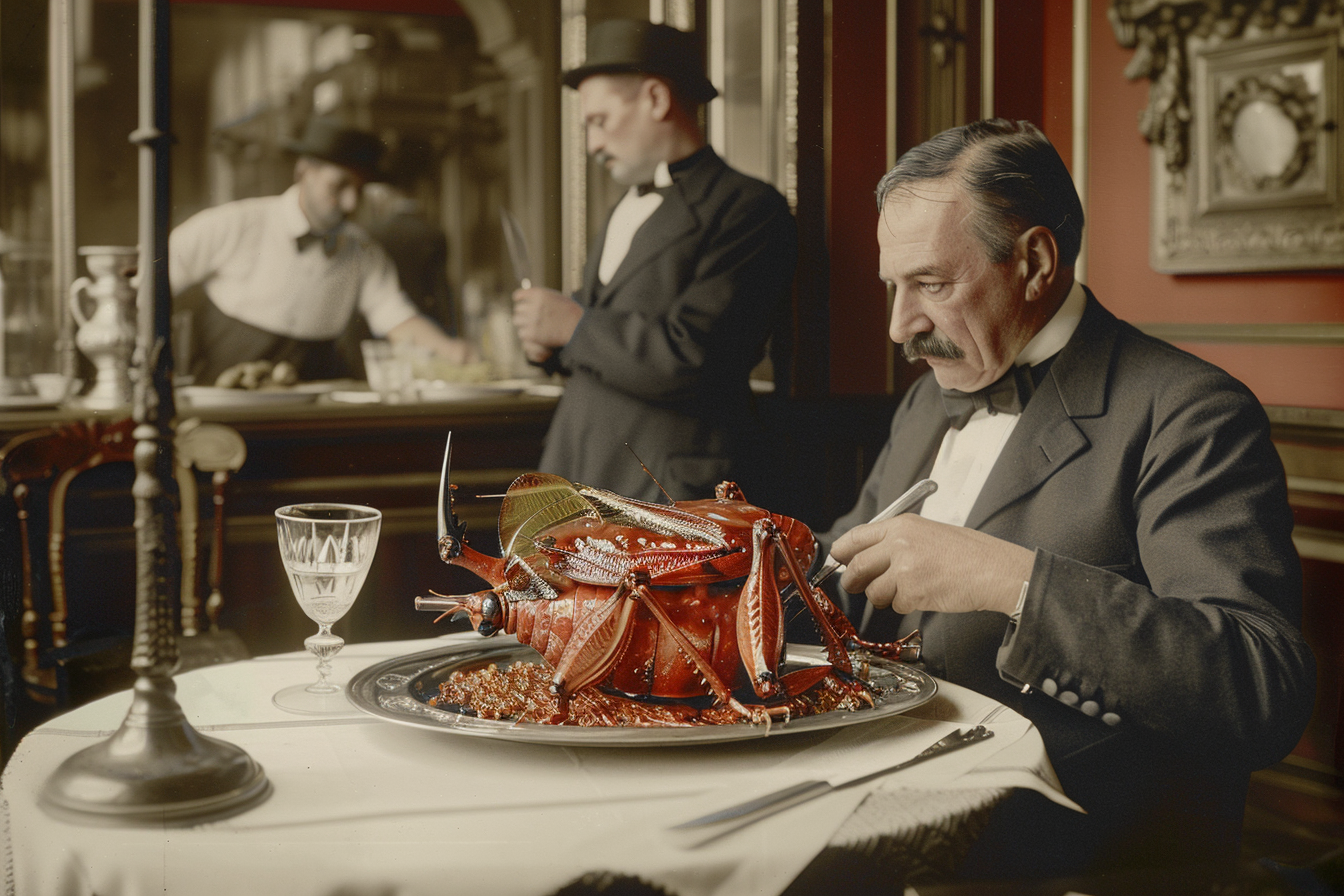 Man Eating Giant Grasshopper Vintage Photo