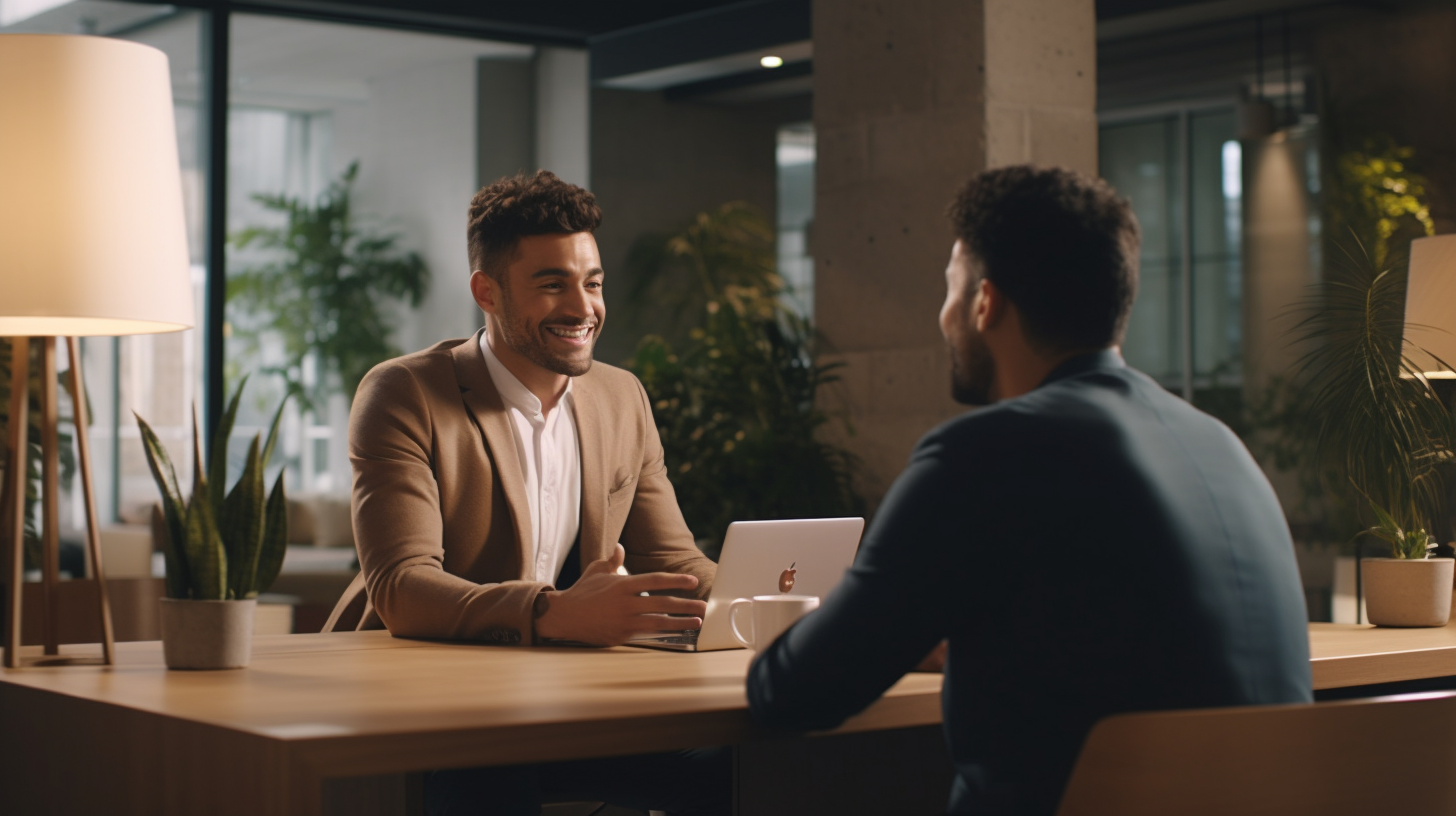 Man consulting with bank employee in modern office