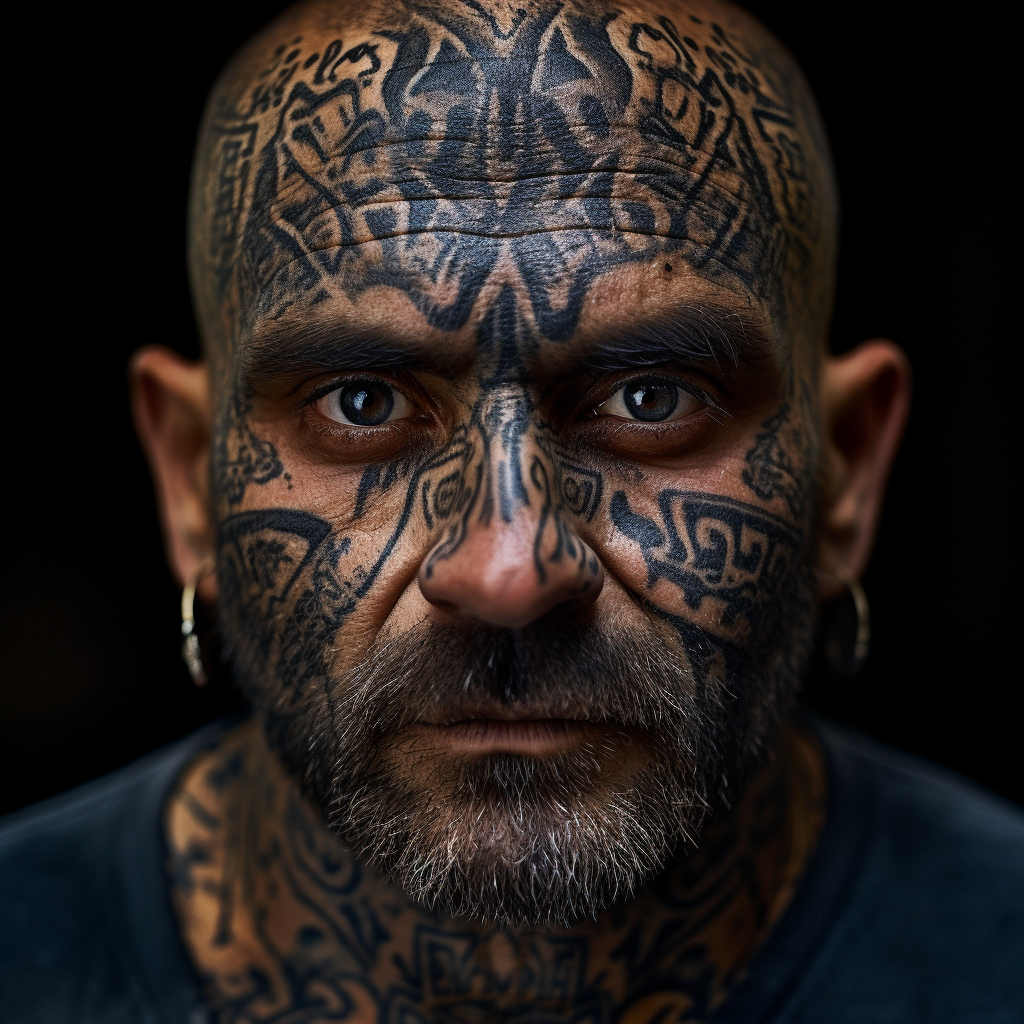 Ex-prisoner man with bold face tattoo