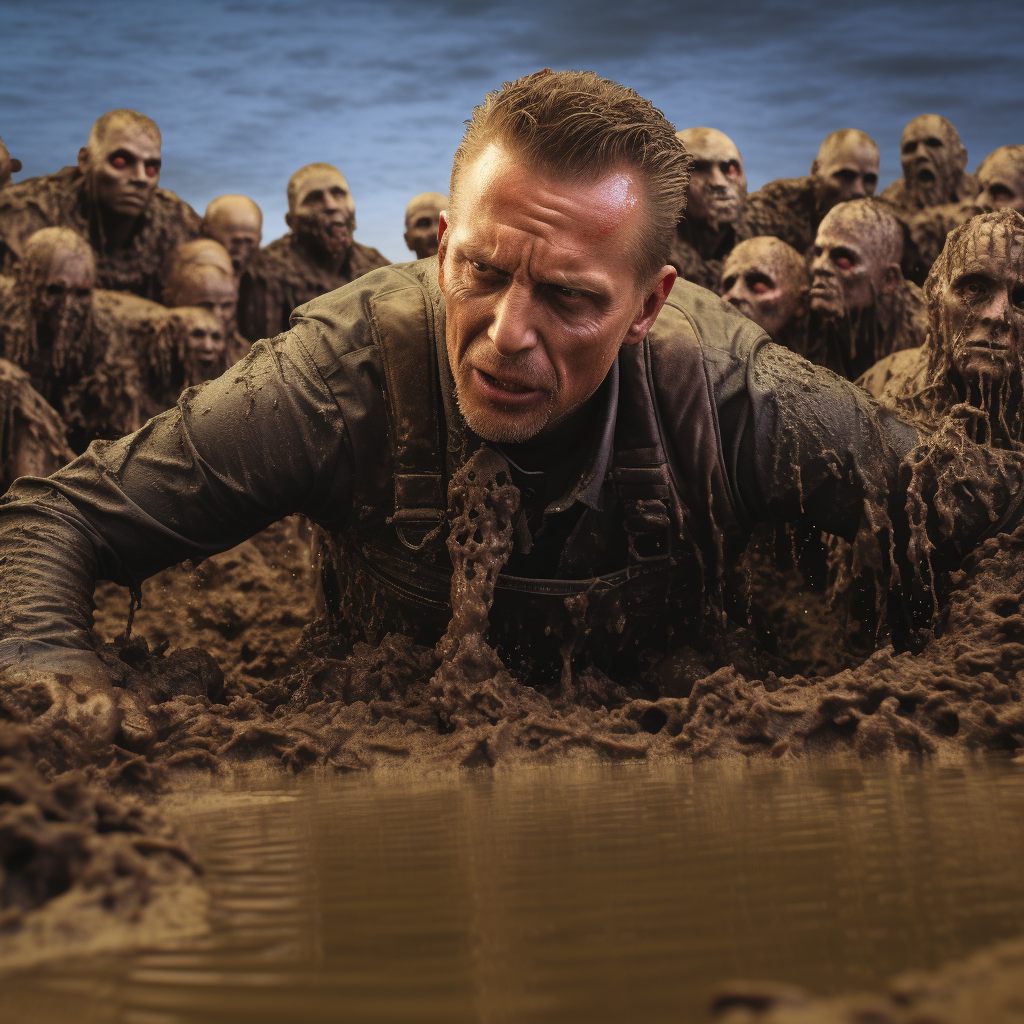 Man struggling in quicksand surrounded by zombies