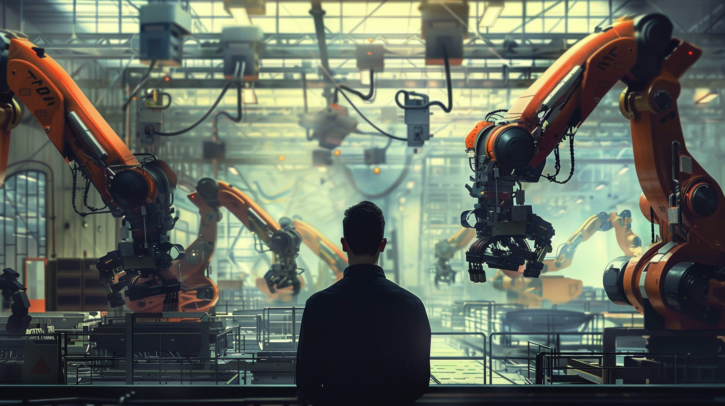 man overseeing robots construction scene