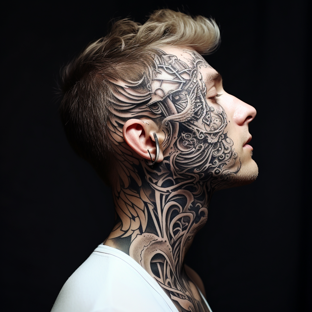 Man with fairy tattoo on neck