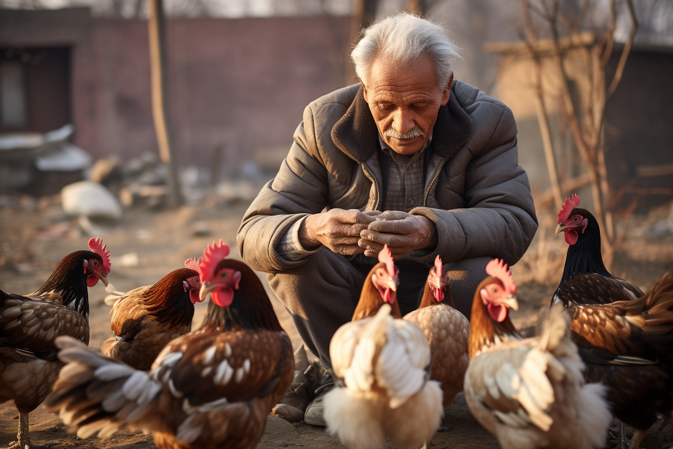 A man feeding his flock of chickens