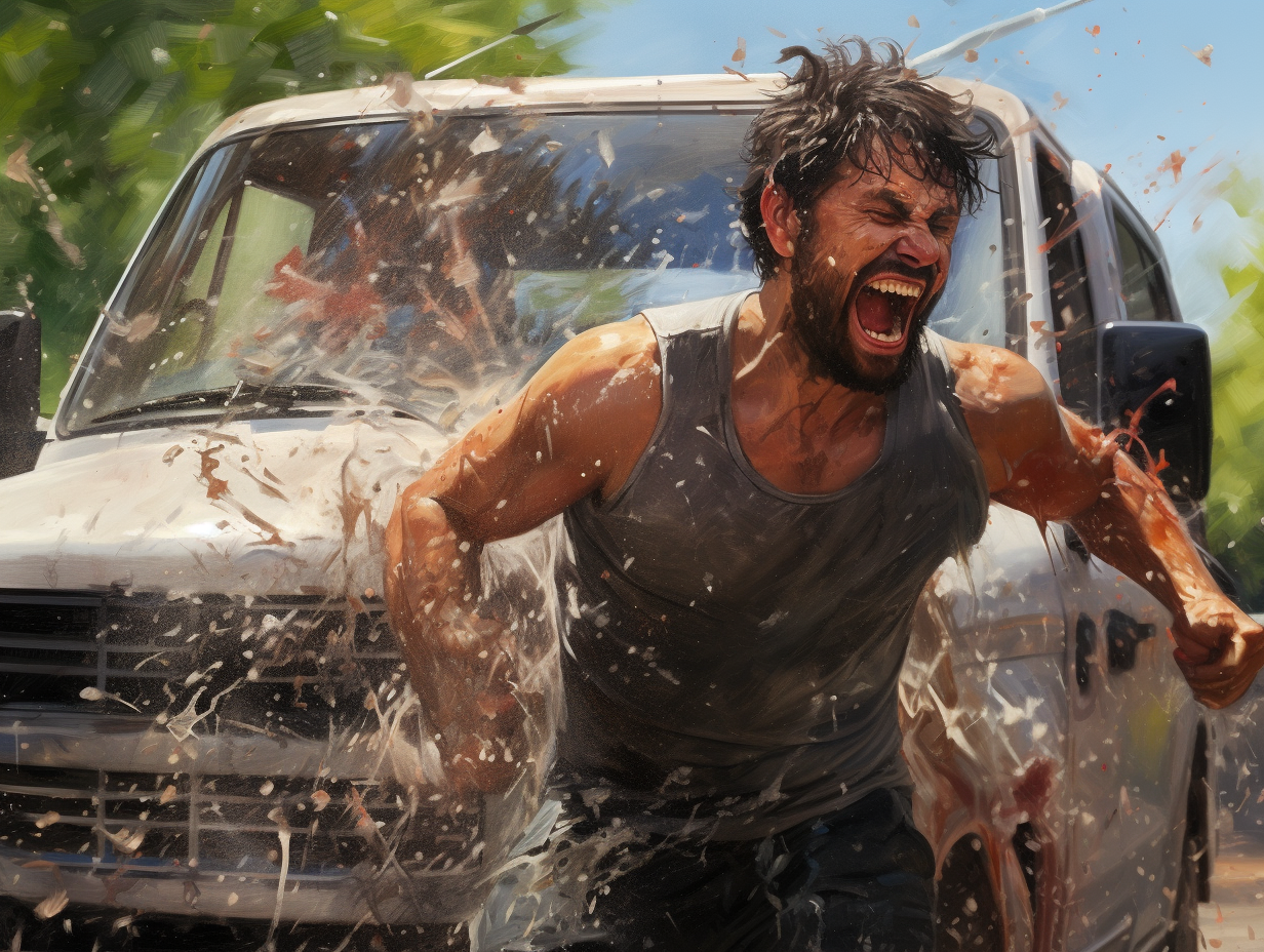 Man struggling with soapy brush and truck