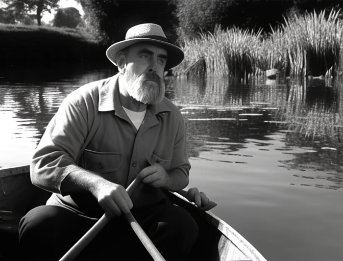 Man fishing from a canoe with strange ripples