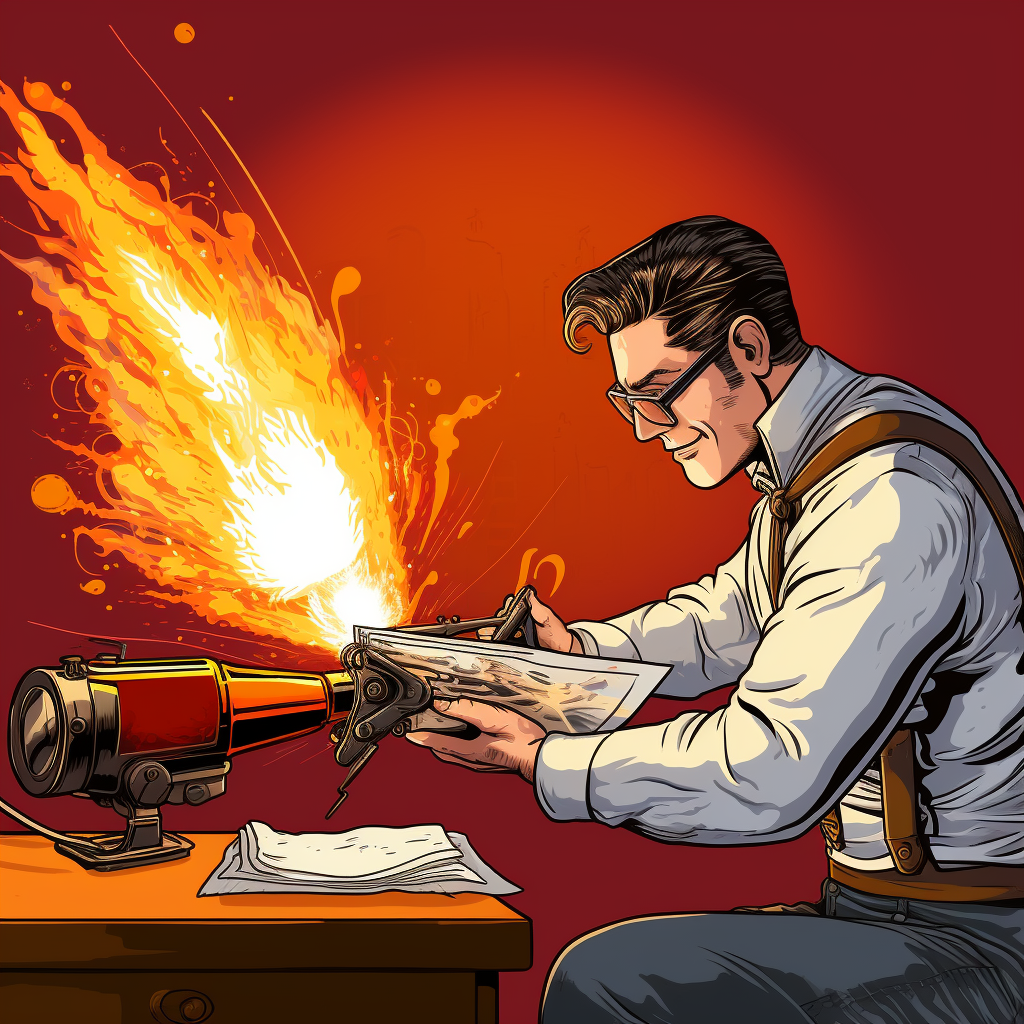 man using flamethrower to open letter