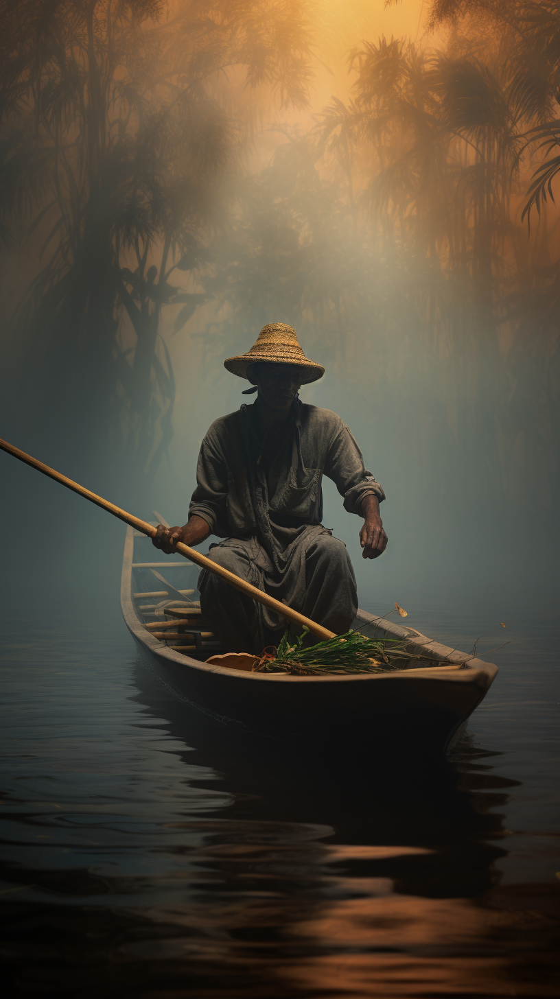 Man floating down Amazon River in straw hat