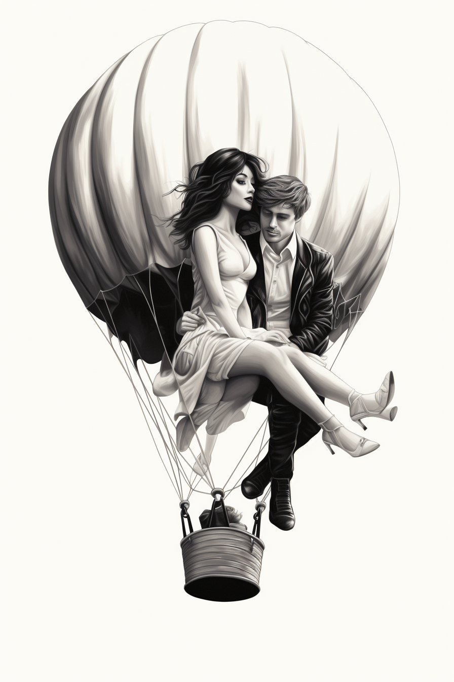 Black and white illustration of a man and Selena Gomez flying in a balloon